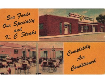 Cartão-postal de linho do Poor Boy's Riverside Inn, Lafayette, Louisiana, 1951. Restaurante à beira da estrada.