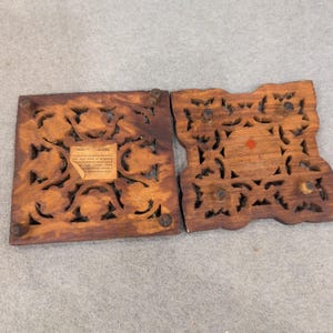 Vintage Hand Carved Sheesham Wood Trivet Set 2 Piece Floral Leaf Made in India image 6