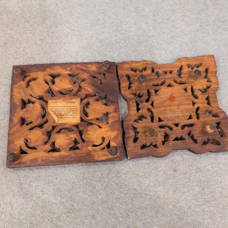 Vintage Hand Carved Sheesham Wood Trivet Set 2 Piece Floral Leaf Made in India image 6