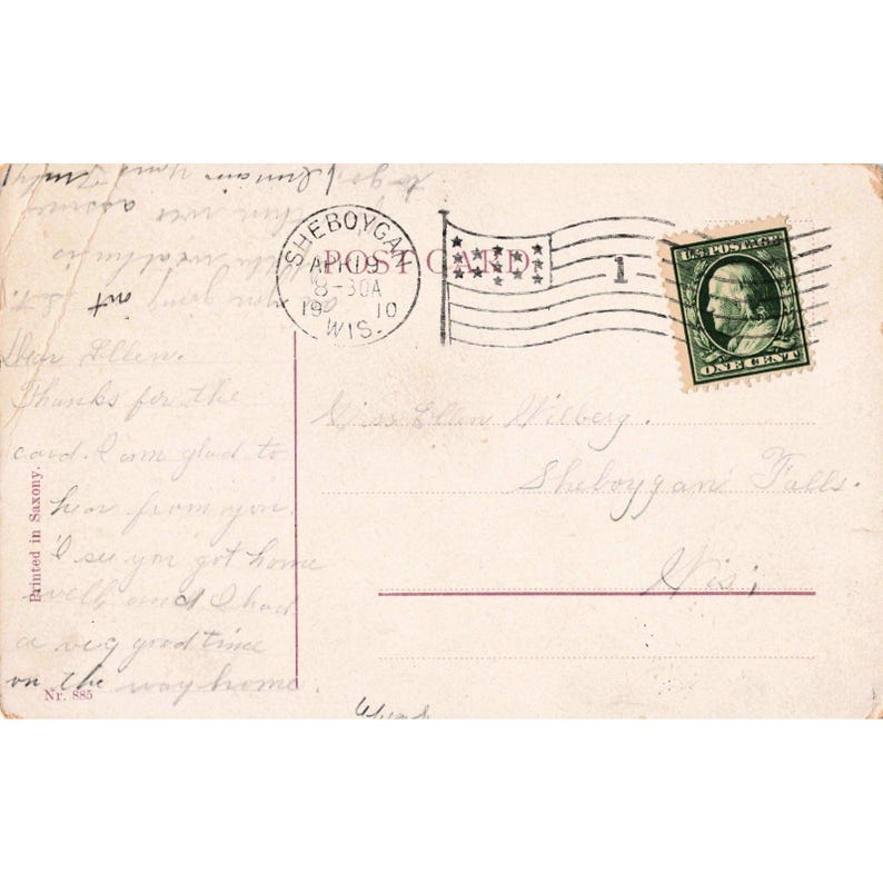 Antieke romantische ansichtkaart uit 1910, gedrukt in Saksen, gedicht, poststempel Sheboygan, Wisconsin afbeelding 2