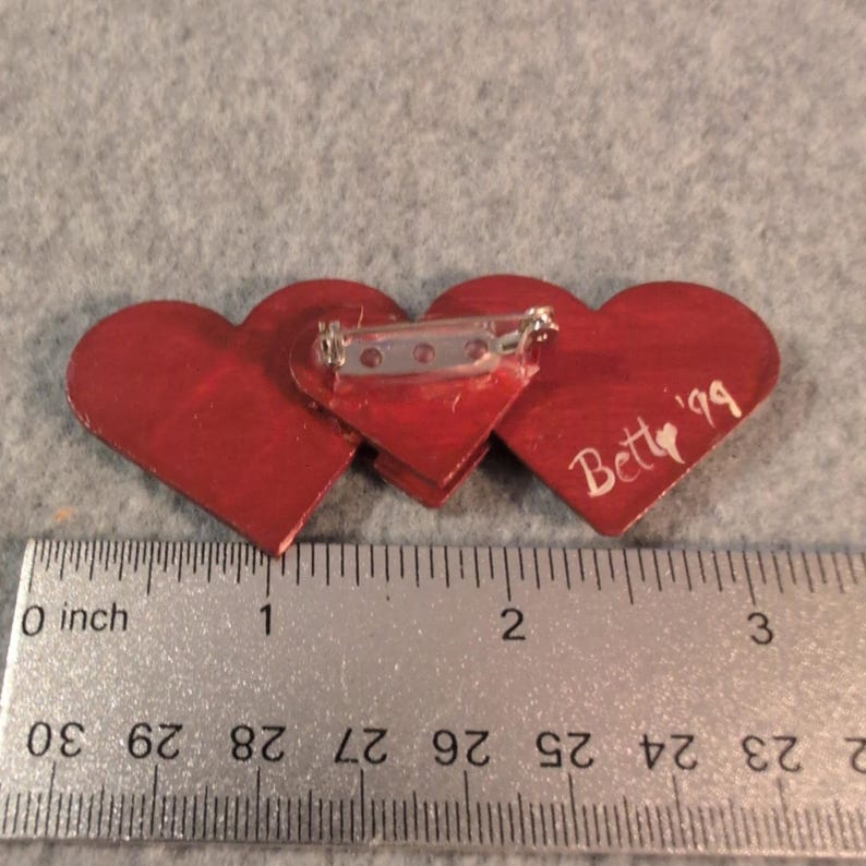 Handmade Triple Heart Brooch Pin Red Cream Valentine Rustic Folk Art image 3