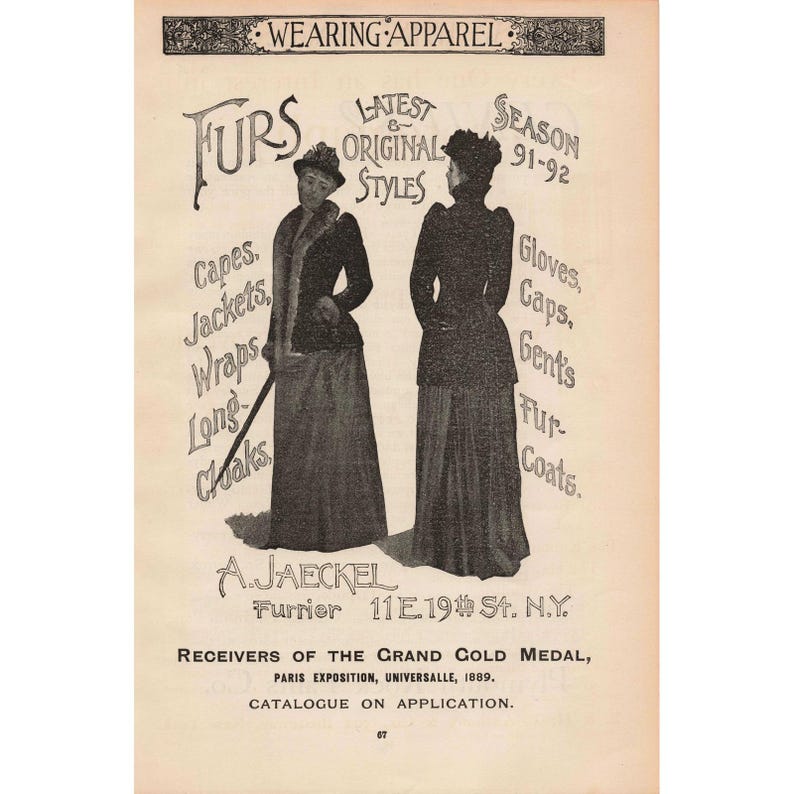 A J Aeckel Furrier Vintage Furs Latest Original Styles 1891-92 Season Print Ad image 1
