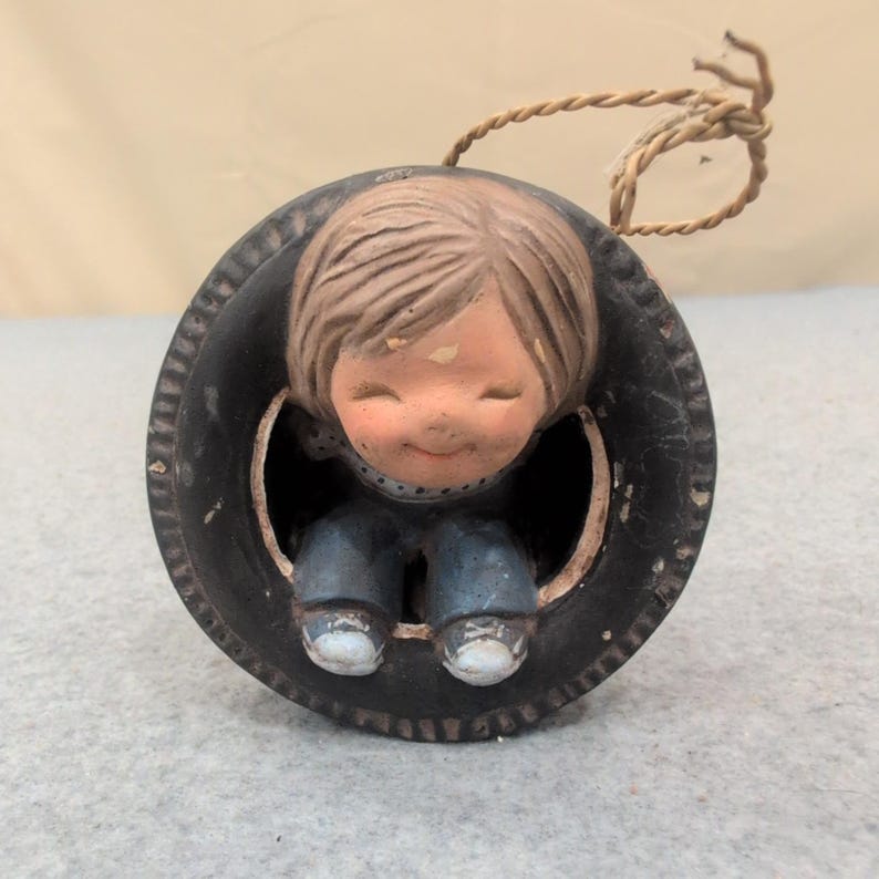 Vintage Ceramic Boy in Tire Swing Hanging Figurine Ornament Hand Painted Kitsch image 1