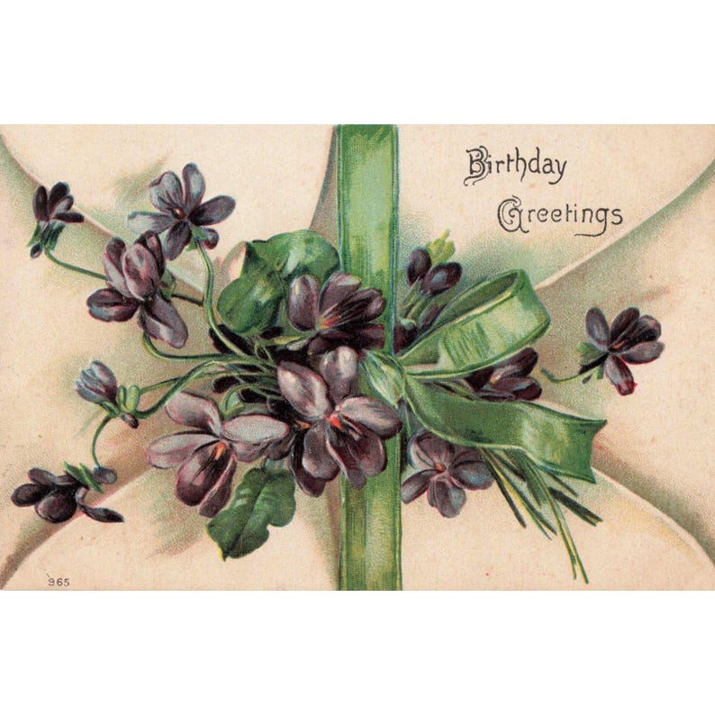 Vintage Birthday Greetings Postcard Embossed Purple Violets Green Ribbon Floral image 1