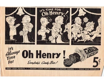 Vintage Oh Henry snoepreep advertenties uit tijdschriften, set van 6, stripboekstijl, snoepgoed van 5 cent.