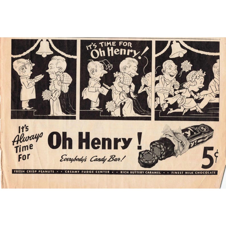 Vintage Oh Henry Candy Bar Magazine Ads Lot 6 Comic Style 5 Cent Confectionery image 1