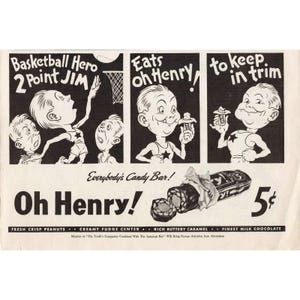 Vintage Oh Henry Candy Bar Magazine Ads Lot 6 Comic Style 5 Cent Confectionery image 3