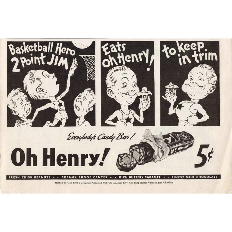 Vintage Oh Henry Candy Bar Magazine Ads Lot 6 Comic Style 5 Cent Confectionery image 3