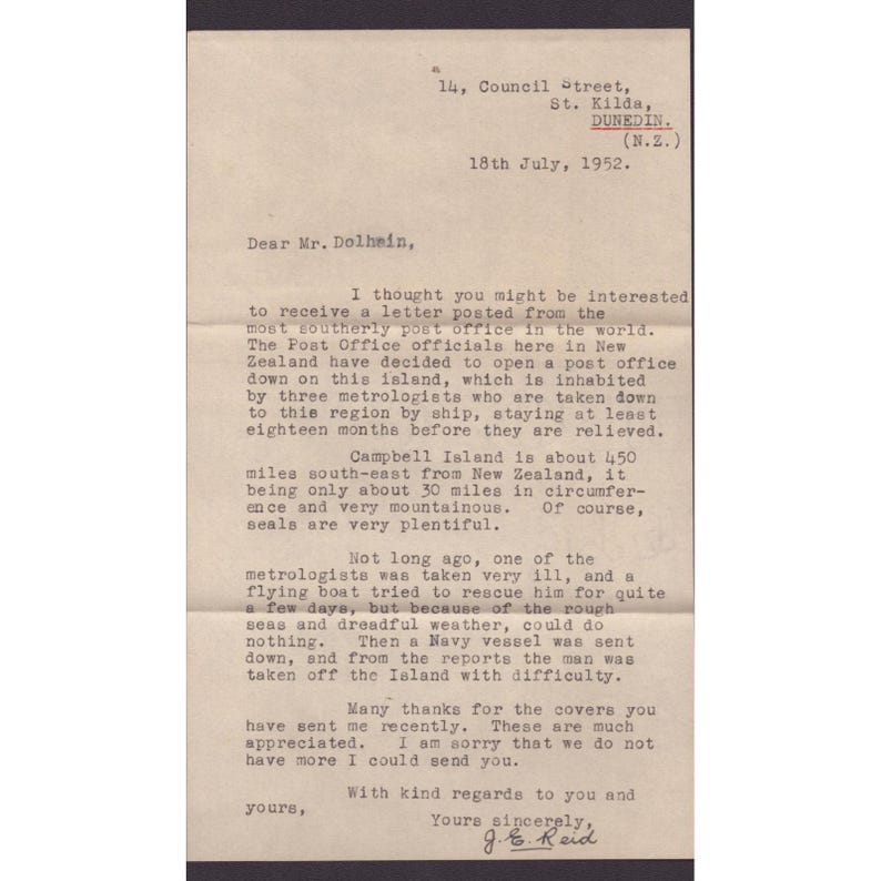 Postzegelbrief van Campbell Island, Nieuw-Zeeland, uit 1952 met afbeelding van Koning George VI. afbeelding 3