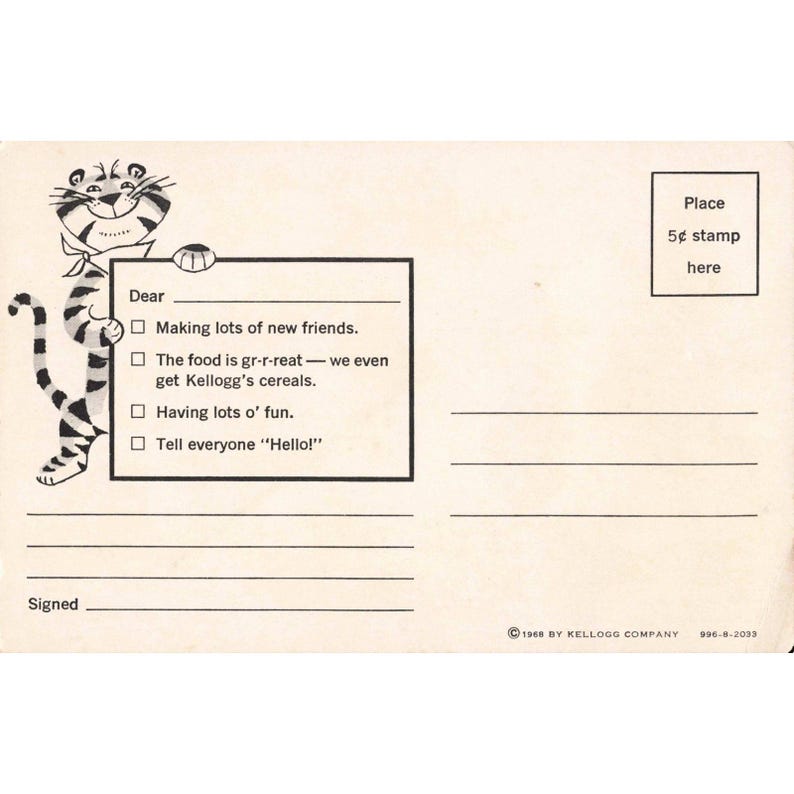 Vtg 1968 Kellogg's Tony the Tiger Postcard Camping Skunk Cereal Ad image 2