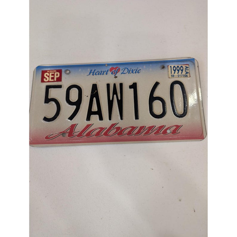 1999 Alabama License Plate Heart of Dixie 59AW160 SEP Expired DMV Collectible image 1
