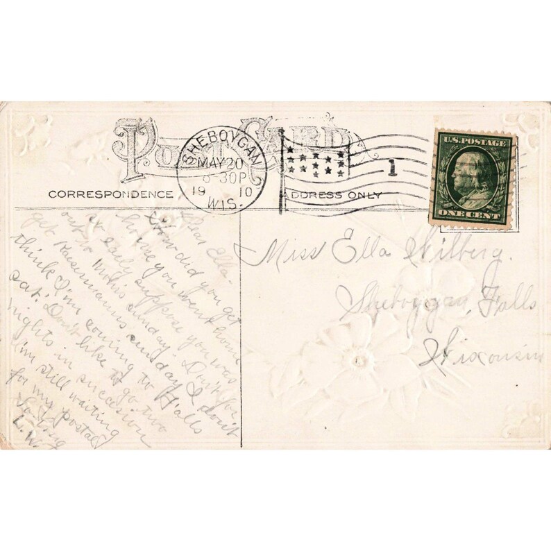 Vintage-Postkarte von 1909 mit dem Aufdruck „Herzliche Wünsche“, rosa Rosen, Segelboot, Sonnenuntergang, Sheboygan, Wisconsin (sehr guter Zustand). Bild 2