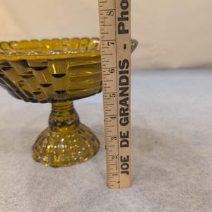 Vintage Olive Green Glass Compote Basketweave Scalloped Pedestal Candy Dish image 5