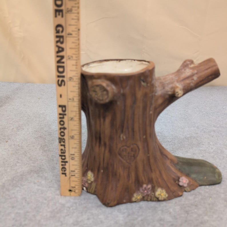 Vintage Baumstumpf Keramik Pflanzgefäß Rinde Textur Herz Carving Brown Floral Bild 2