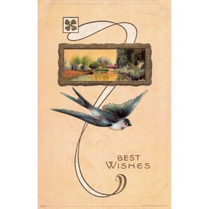 Antike Postkarte mit besten Wünschen, Blauschwalbe, malerische Landschaft, geprägt, 850 Bild 1