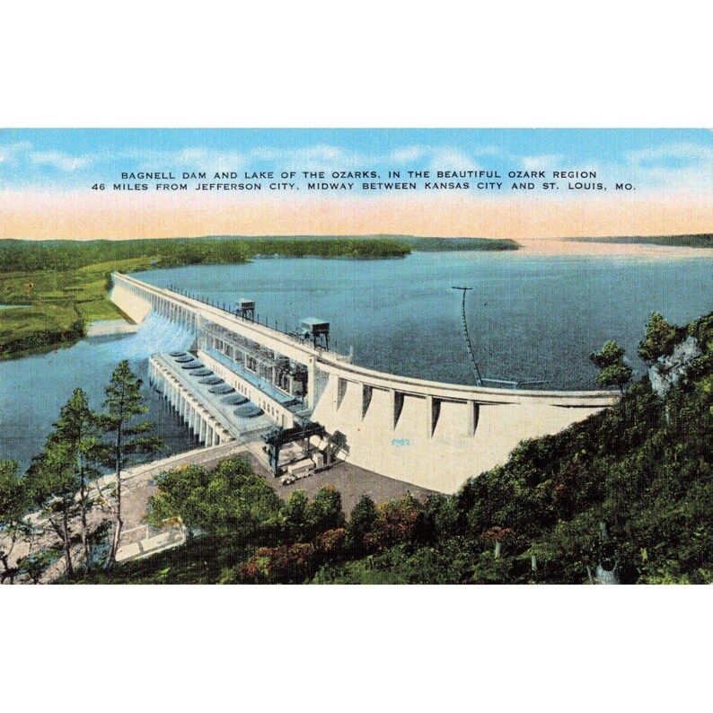 Presa de Bagnell, Lago de los Ozarks, Misuri. Postal antigua de lino. Americana de carretera. imagen 1