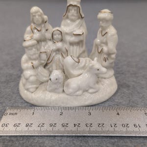 White Ceramic Nativity Scene with Gold Trim Small Christmas Figurines Set image 2