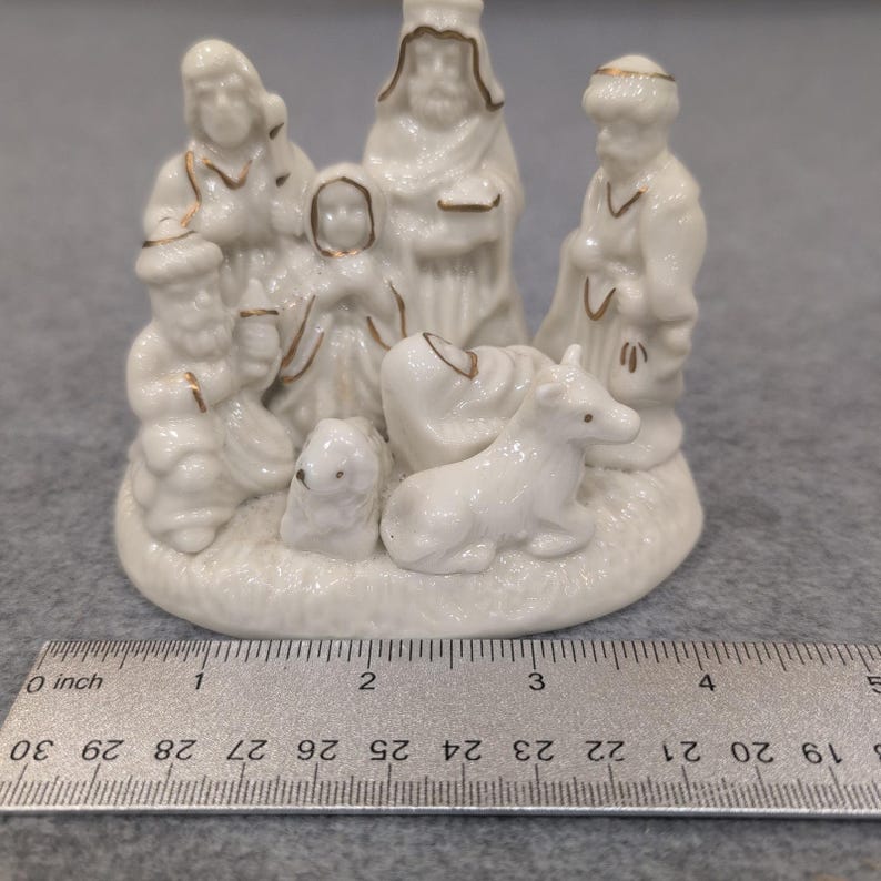 White Ceramic Nativity Scene with Gold Trim Small Christmas Figurines Set image 2