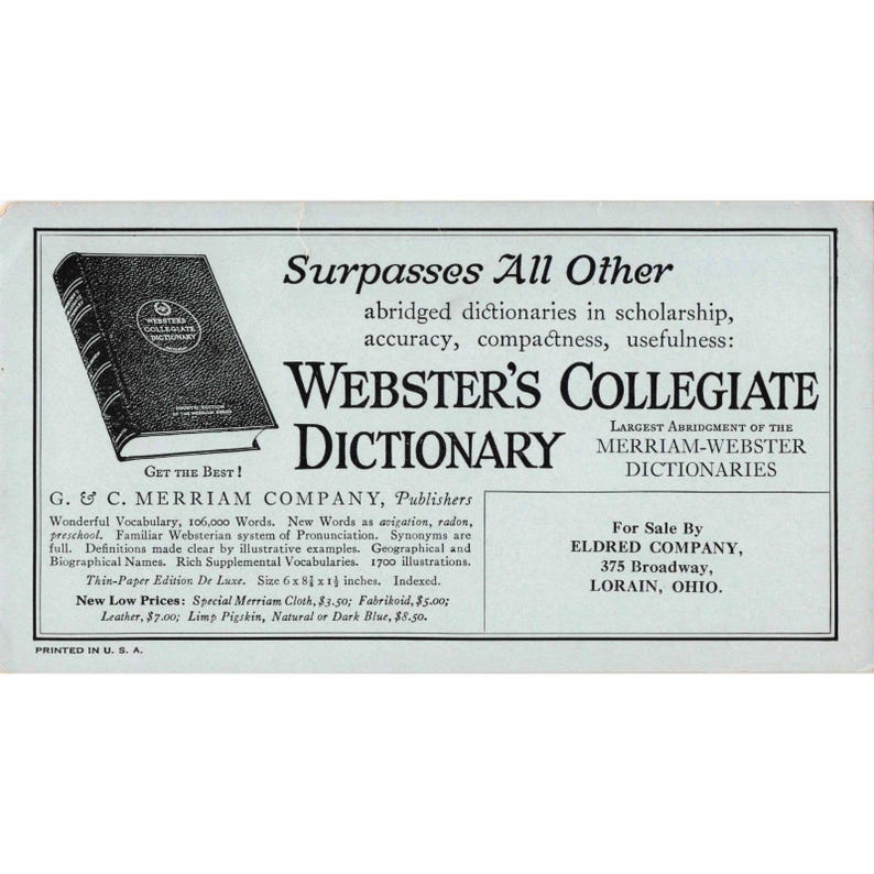 Vintage Webster's Collegiate Dictionary Ad Blotter Lorain OH Eldred Co image 1