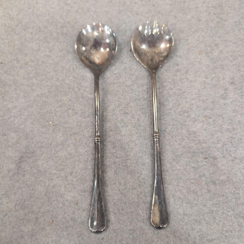 Vintage Silver Plated Salad Serving Set Spoon and Fork Two Piece Tarnish Finish image 1
