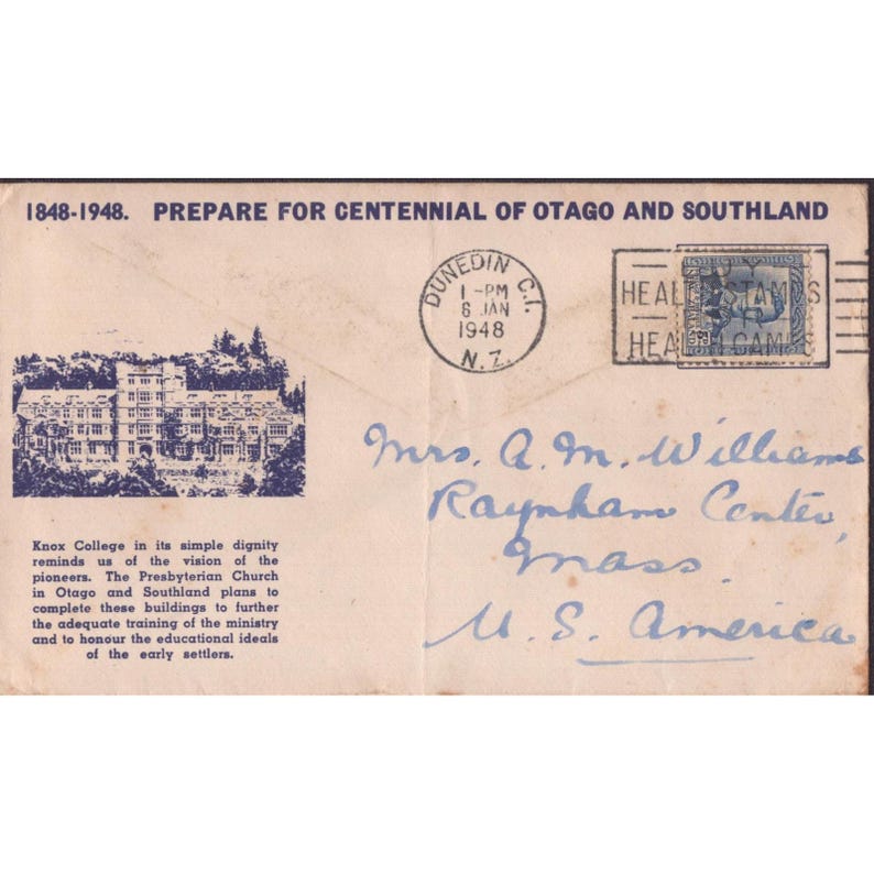 1948 New Zealand Otago Southland Centennial Cover Knox College Dunedin Postmark image 1
