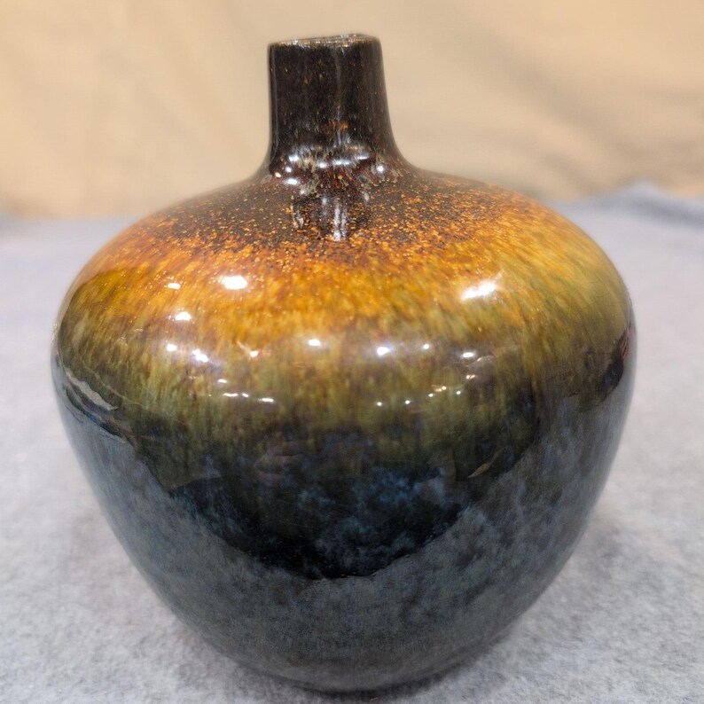 Unattributed Studio Pottery Vase Hand Thrown Stoneware Brown Blue Drip Glaze image 4