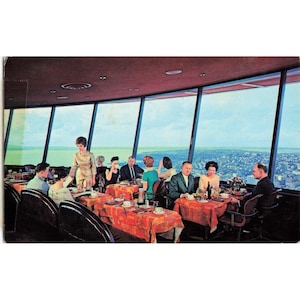Seattle WA Space Needle Restaurant Interior Chrome Postcard 1960s Plastichrome U image 1