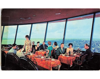 Seattle WA Space Needle Restaurant Interior Chrome Postcard 1960s Plastichrome U