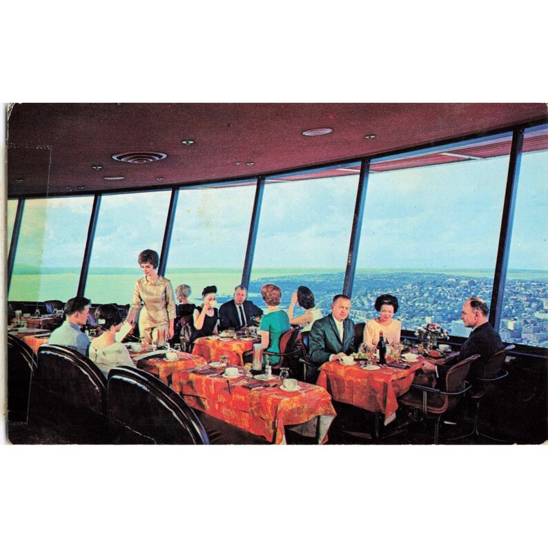 Seattle WA Space Needle Restaurant Interior Chrome Postcard 1960s Plastichrome U image 1