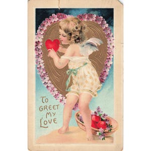 Postal antigua de San Valentín de 1908 con querubín y corazón en relieve dorado, sello de Sheboygan, Wisconsin. imagen 1
