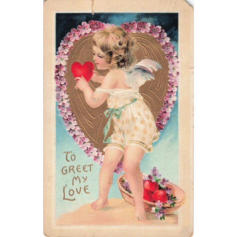 Postal antigua de San Valentín de 1908 con querubín y corazón en relieve dorado, sello de Sheboygan, Wisconsin. imagen 1
