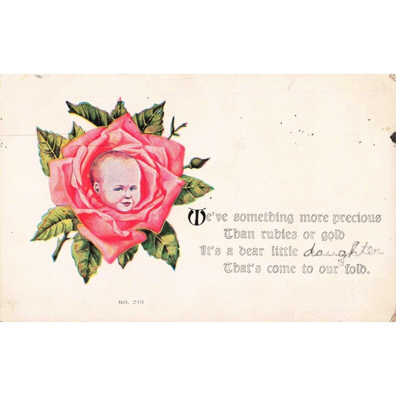 Vintage 1914 Baby in Rose Postcard F.A. Owen Co No 210 Daughter Poem Union NY image 1