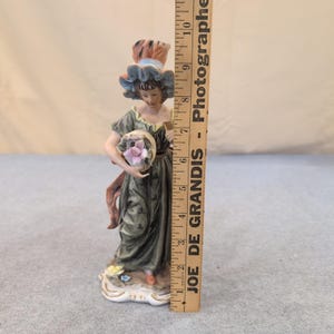 Vintage Hand Painted Porcelain Lady Figurine Green Dress Pink Flower Basket image 5