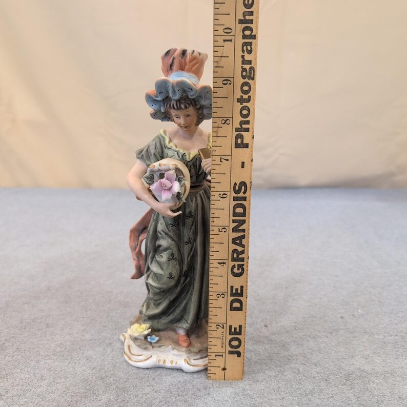 Vintage Hand Painted Porcelain Lady Figurine Green Dress Pink Flower Basket image 5