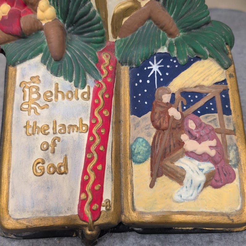 Atlantik Mould Vtg Keramik Krippenbuch Kerze Anzeige Erblicke das Lamm Gottes Bild 2