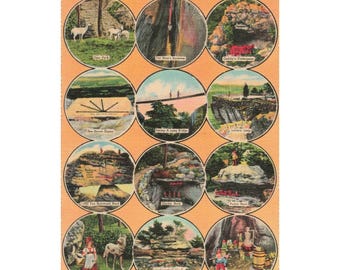 Carte postale vintage en lin, vue multiple, Rock City Gardens, Lookout Mountain, Tennessee. Très bon état.
