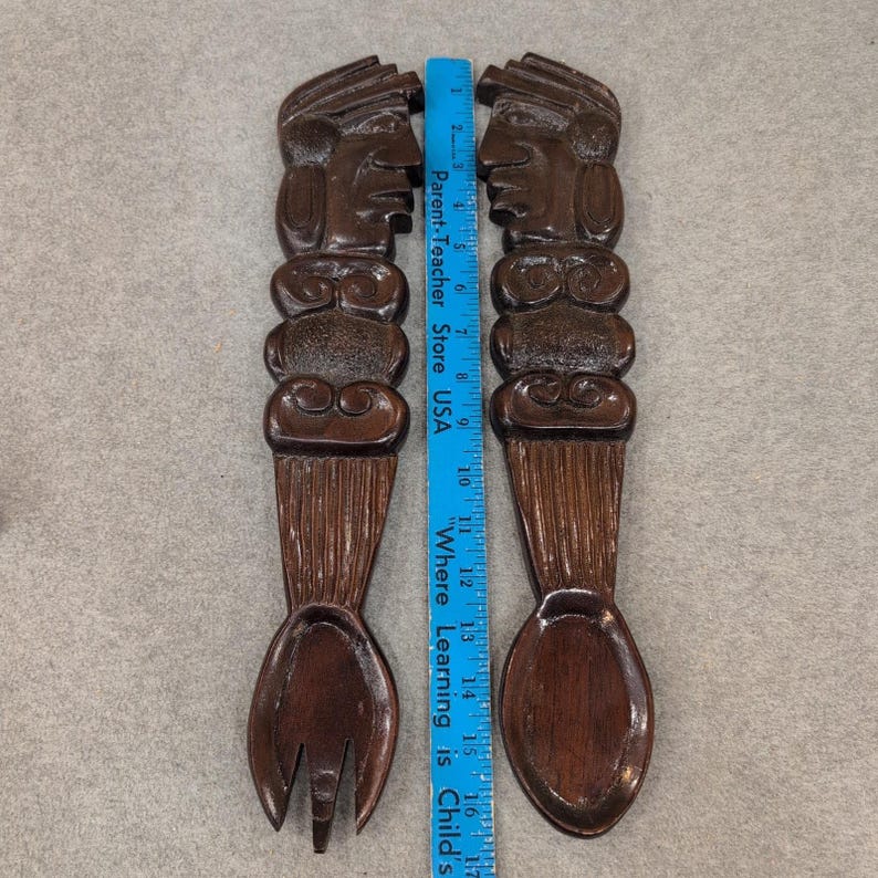 Vintage handgeschnitzte Holz Tribal Gabel und Löffel Wand Kunst Set dunkelbraun Dekor Bild 5
