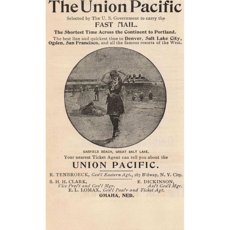 Vintage 1892 Union Pacific Railroad Print Advertisement Garfield Beach image 1