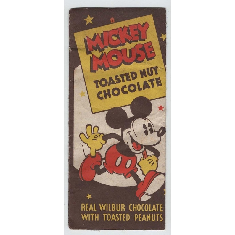 Efímero de envoltorio de barra de chocolate con nueces tostadas de Mickey Mouse y Wilbur Suchard, estilo vintage. imagen 1