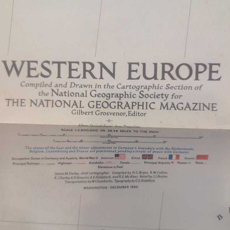 Vtg 1950 National Geographic Western Europe Map WWII Occupation Zones 37x28.5 image 2