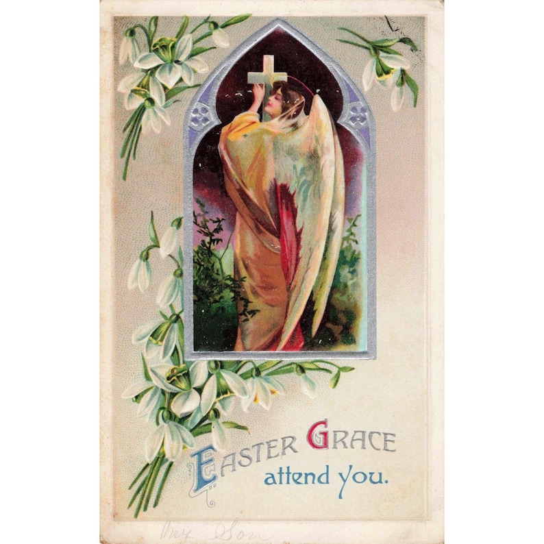 Antique Easter Postcard Angel Cross Lily of the Valley International Art 1143 image 1