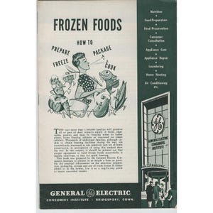 Folheto antigo da General Electric sobre alimentos congelados, Instituto de Consumidores de Bridgeport, Connecticut. imagem 1