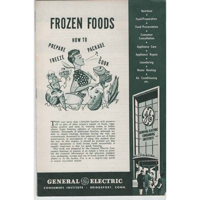Folheto antigo da General Electric sobre alimentos congelados, Instituto de Consumidores de Bridgeport, Connecticut. imagem 1