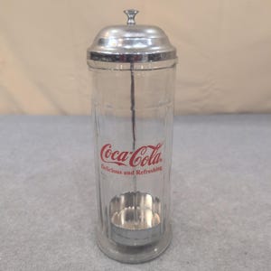 Coca-Cola Glass Straw Dispenser Chrome Lid Vintage Soda Fountain Style image 4