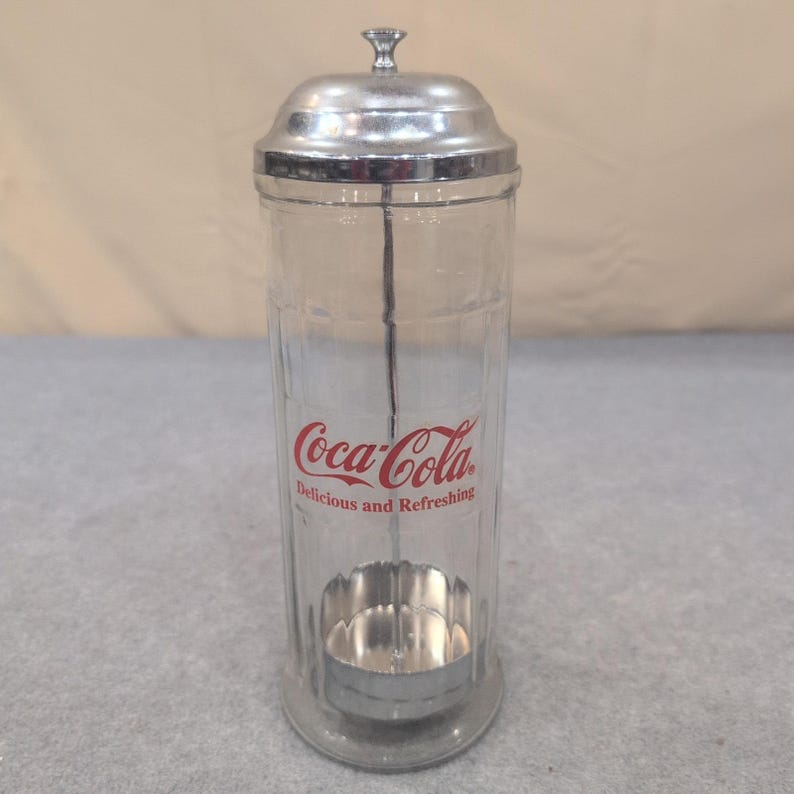 Coca-Cola Glass Straw Dispenser Chrome Lid Vintage Soda Fountain Style image 4