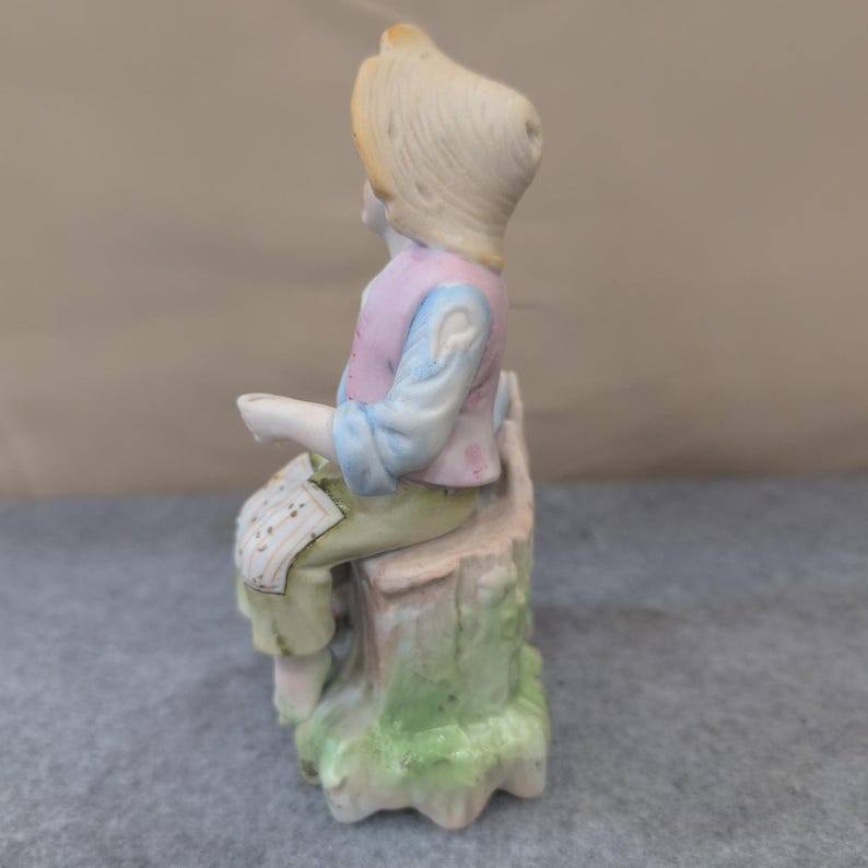 Vintage Boy Sitting on Tree Stump Figurine Planter Vase Porcelain Floral Japan image 5