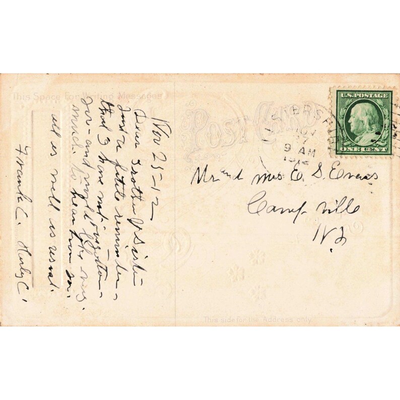 Karta pocztowa z okazji Święta Dziękczynienia z 1912 r., wytłoczony znaczek Franklin o nominale 1 centa, stempel pocztowy NJ zdjęcie 2