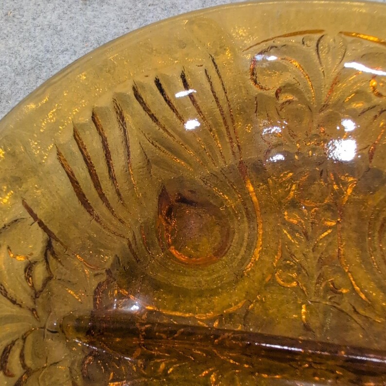 Vintage Amber Glass Divided Relish Dish Peacock Eye Pattern Tab Handle Serving image 5