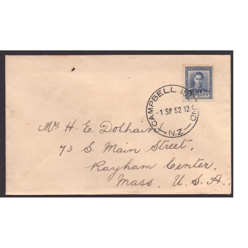 Vintage 1952 Campbell Island NZ Postmark King George VI 3d Stamp Cover Envelope image 1