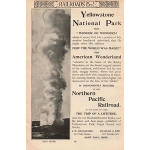 1892 Northern Pacific Railroad Yellowstone National Park Vintage Print Ad